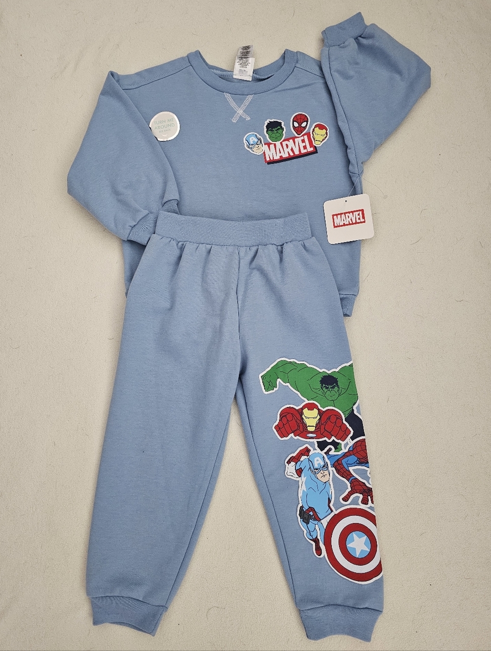 NWT MARVEL Light Blue Kids Sweatshirt/ Joggers Set with Superhero Graphics SZ 3T